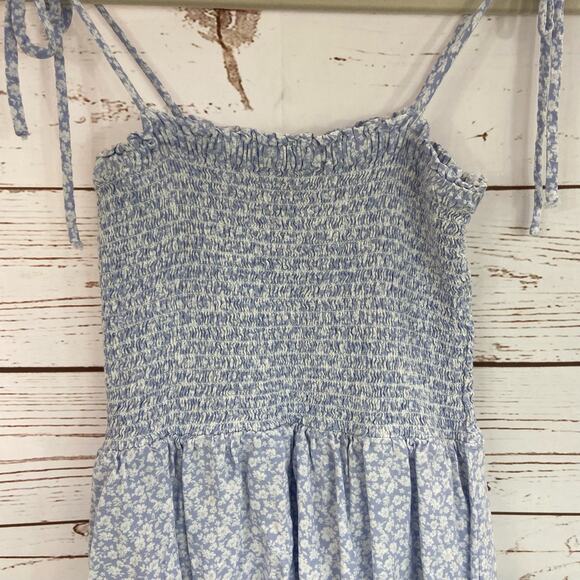 Windsor S Baby Blue Floral Smocked Tie Up Spaghetti Strap Mini Sun Dress - Picture 3 of 6